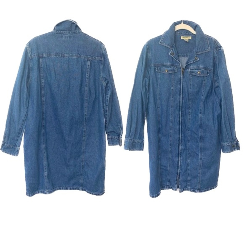 Vintage Eddie Bauer Dress Size LP Blue Denim Shirt Pockets Duster Zip Up